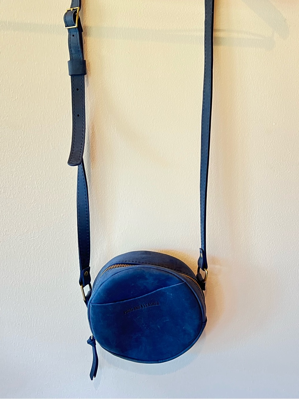 Portland Leather Round Navy Suede Leather Crossbody Bag